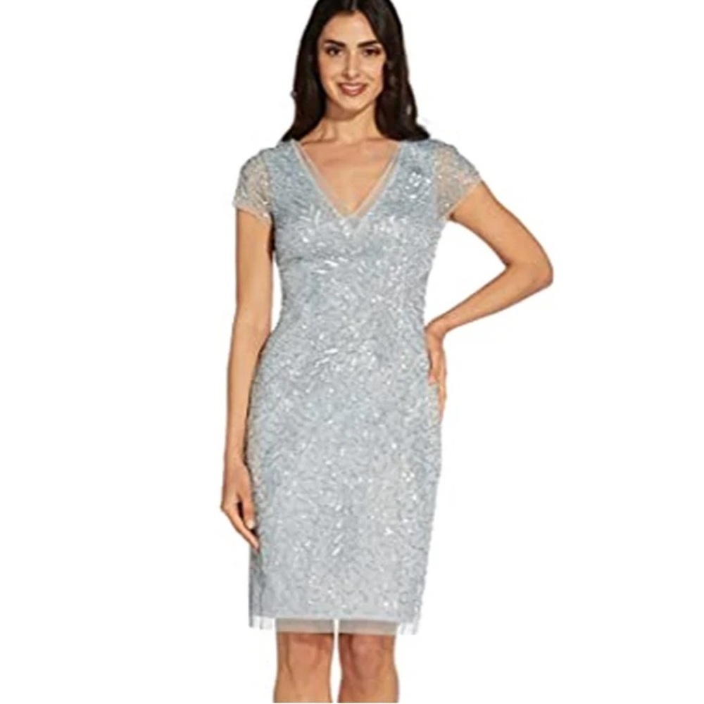 Adrianna Papell Light Silver Sequin V-Neck Midi Dress